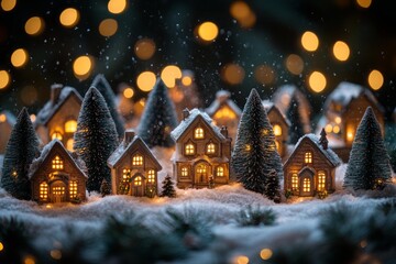 Christmas village miniature glowing houses snowy festive winter holiday scene cozy decorative lights seasonal night bokeh