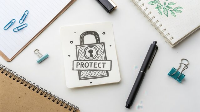 Overhead view of padlock icon drawing on a white document card - Powered by Adobe