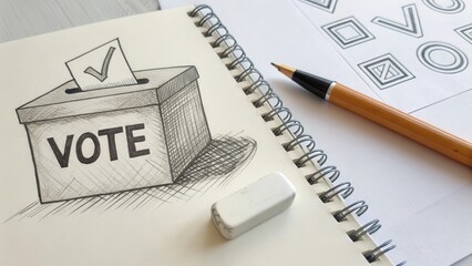 Sketch of a ballot box and pencil on a spiral notebook paper