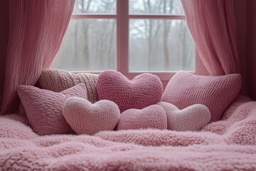 Heart pillows cozy window soft romantic pink interior warm atmosphere knitted fabric love symbol winter season decorative background design element comfort