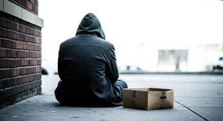 Homeless person sitting on sidewalk with cardboard box, city environment symbolizing social issues and compassion