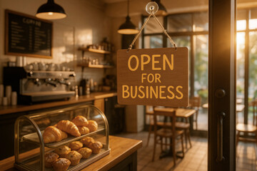 Coffee shop interior wooden counter pastries croissants muffins open sign warm sunlight cozy atmosphere inviting design small business lifestyle