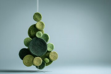 Abstract green decorative tree made of circular woven elements, showcasing various shades of green, set against a soft gradient background with ample copy space for design purposes