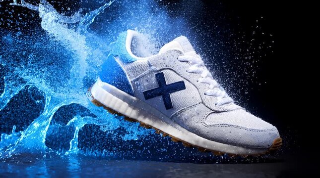 Blue athletic sneaker in mid-air with dramatic water splash and motion effects, professional video shoot