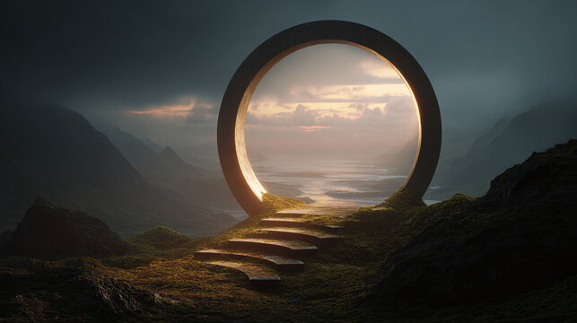 An enigmatic portal opening to an unknown landscape, with steps leading towards it, inviting curiosity