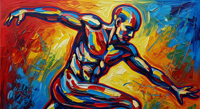 Vibrant abstract oil painting of a human figure in dynamic motion, created with colorful, textured impasto brushstrokes