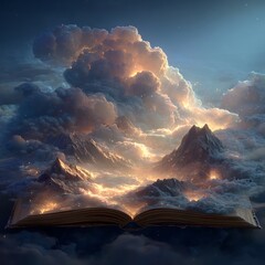 Open book unfolding into a dreamy fantasy universe