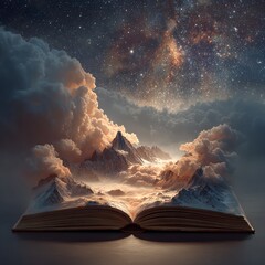 Open book unfolding into a dreamy fantasy universe