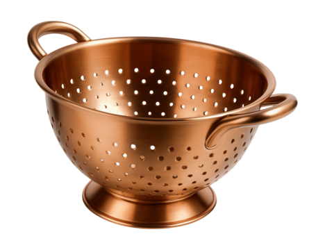 A copper colander with wide handles, perfect for draining pasta in the sink.
