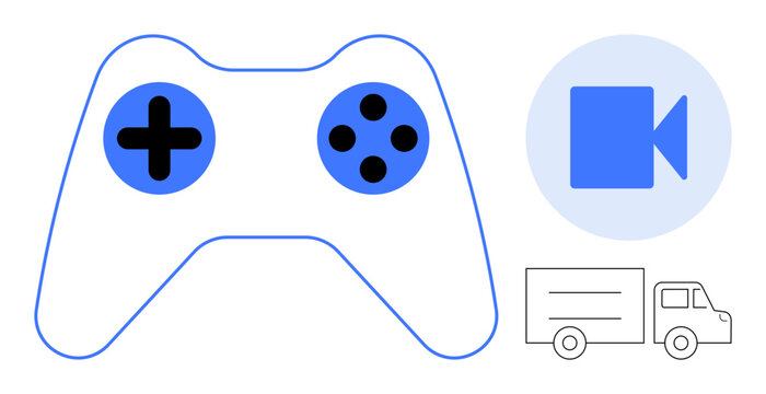 Gaming controller, video camera, and delivery truck symbols convey gaming, multimedia, logistics, and innovation. Ideal for tech, streaming, entertainment gaming delivery digital creativity
