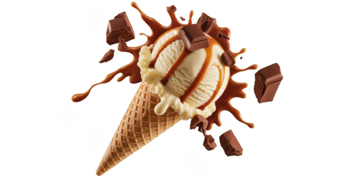 Creamy vanilla ice cream cone with chocolate and caramel isolated on a transparent background