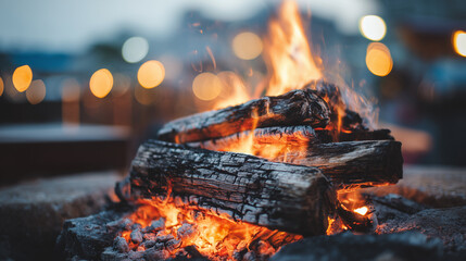 ash. A close-up view of glowing embers in a campfire, casting warm light on wooden sticks in an outdoor setting. travel magazines.