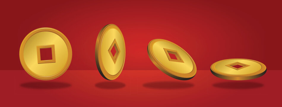 Gold chinese coin in different perspective