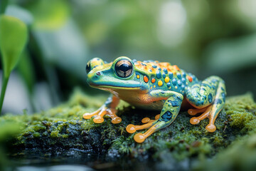 Obraz premium Generative AI image of a colorful frog resting on mossy rock beside calm forest stream in glowing summer sunset light in the wilderness