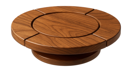 A wooden lazy Susan with rotating sections, ideal for serving appetizers at game night.