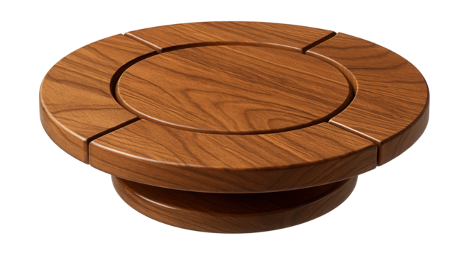 A wooden lazy Susan with rotating sections, ideal for serving appetizers at game night.