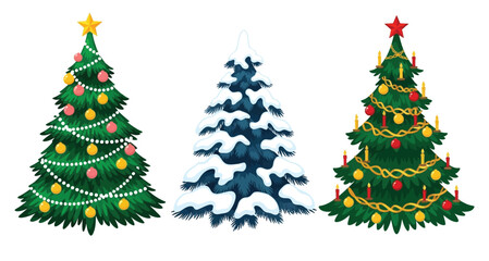 Three festive decorated christmas trees with ornaments and lights on a white background