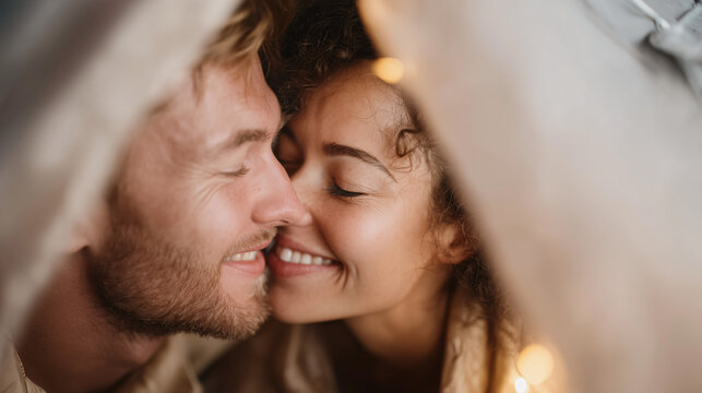 An intimate close-up of a couple under tent fabric lit by string lights: tenderness, closeness and soft warm lighting create a cozy atmosphere.