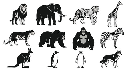 Obraz premium Collection of silhouette illustrations of diverse wild animals from different continents and habitats