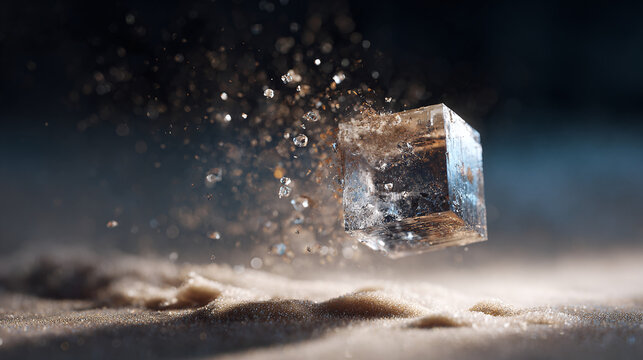 An artistic shot of a levitating cube with scattered fragments. The image captures a sense of suspension and fragmentation. 