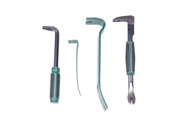 Nail puller and crowbar set, sorted in storage box close-up