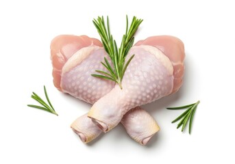 Two raw chicken drumsticks with rosemary isolated on white background