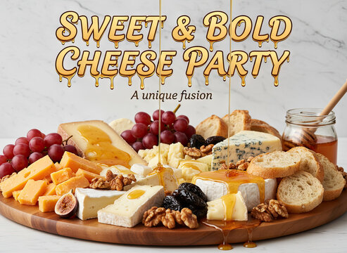 Abundant Cheese Platter with Grapes Walnuts Bread Slices and Honey Drizzled Over Assorted Cheeses