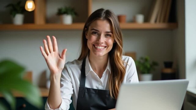 A woman sits in front of a laptop and waves her hand, possibly indicating excitement or enthusiasm