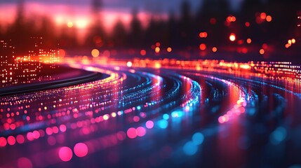 Abstract representation of a futuristic, light-streaked highway at dusk with a sense of speed and motion