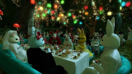 A whimsical gathering of anthropomorphic characters in a magical forest setting, illuminated by vibrant lights and adorned with delicious treats, creating an enchanting and festive atmosphere for all