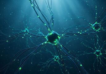 Detailed 3D illustration of glowing blue neuron cells and synaptic connections, medical concept background for neurology, brain science and artificial intelligence