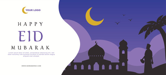 ramadan kareem ied mubarak purple silhouette flat style banner background with palm and mosque