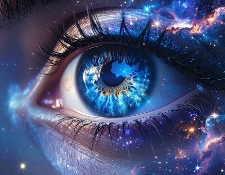 Close-up of a surreal eye, reflecting vibrant nebulae and stars
