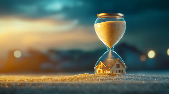 Hourglass with golden sand burying small model house in dramatic sunset scene conveying time, urgency and home value concerns