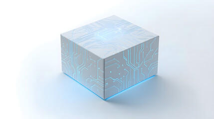 Geometric Intelligence: A luminous, high-tech cube with intricate circuit patterns glows with energy, representing the fusion of art and technology and showcasing modern innovation.
