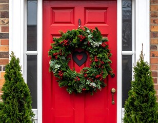 Close-up of a festive red front door with a Christmas wreath