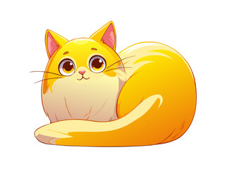 Charming fluffy ginger kitten illustration with adorable big eyes, curled up in a relaxed pose, perfect for cute animal, pet, or children's designs, isolated.