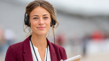 International sports journalist day - portrait of a journalist with headphones and notepad