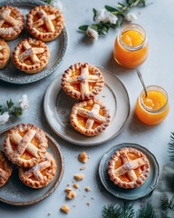 Fictional Mini Crostata tarts with apricot jam filling, flowers and jars on a festive Christmas table. Iconic Italian desserts.  