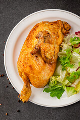 holiday chicken baked half chicken grill tasty snack fresh gourmet food background on table  rustic food top view copy space