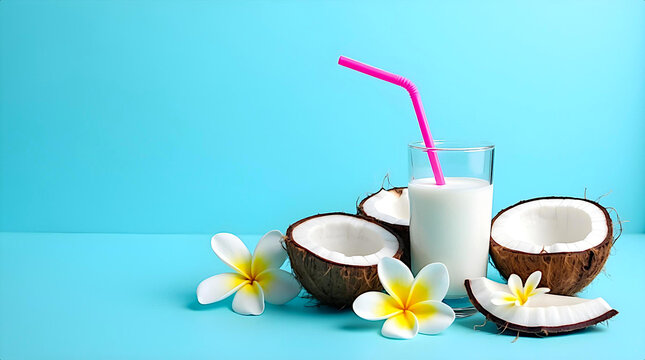Food concept with a creative layout featuring a copy space image of coconut milk and flowers on a blue background.