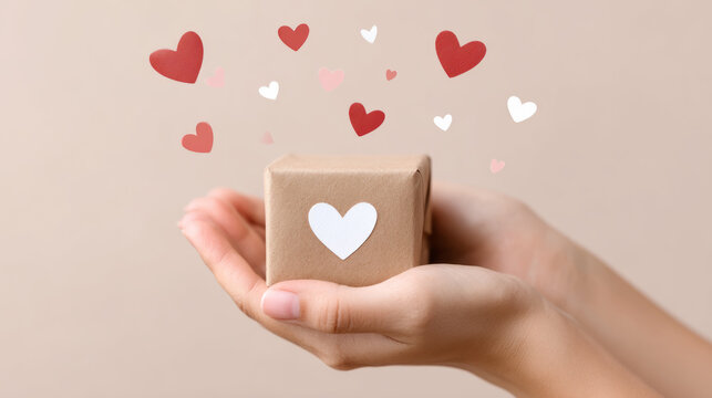 Celebrating world kiss day with a gift in hands and heart decorations