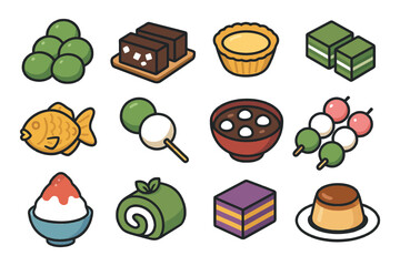 Collection of japanese desserts and sweets including mochi and dango.