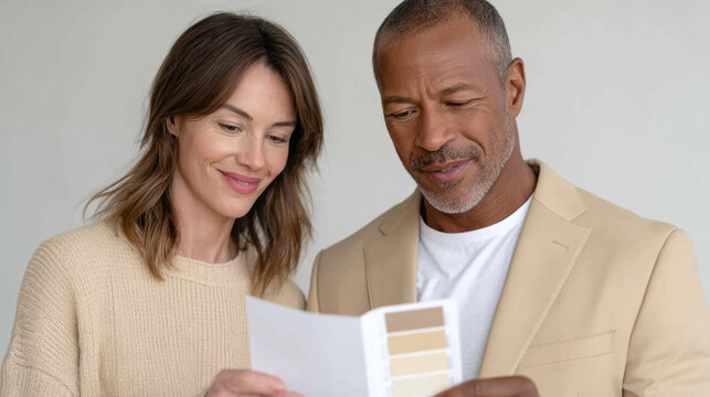 Collaborative b2b fashion consultation with consultant holding color swatches for design