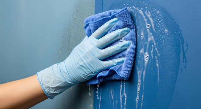 Cleaning wall with a blue microfiber cloth and soapy water by hand