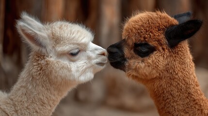 Obraz premium Two young alpacas touching noses shows connection and tenderness between animals; the young white and brown alpaca interacting intimately