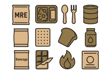 Military ration icons including mre, utensils, and food items.