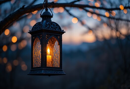 ornate outdoor lantern glowing warmly at dusk with blurred bokeh lights in background
