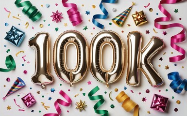 Celebratory Image of 100K Milestone with Balloons, Confetti, and Festive Decorations background.