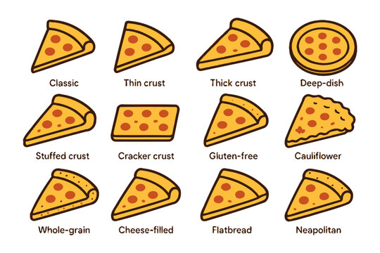Variety of pizza styles: classic, thin crust, cheese-filled, neapolitan, gluten-free options.